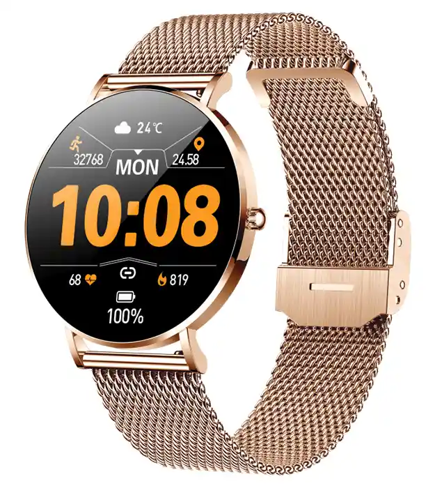 Zlatni ženski pametni sat sa okruglim AMOLED ekranom i metalnom narukvicom, prikazan na beloj pozadini.