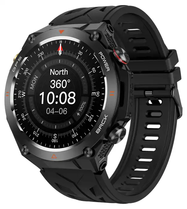 Navicore GPS sportski pametni sat sa crnim kaišem – prikaz glavnog ekrana sa kompasom i merama 52.8 x 56.9 mm