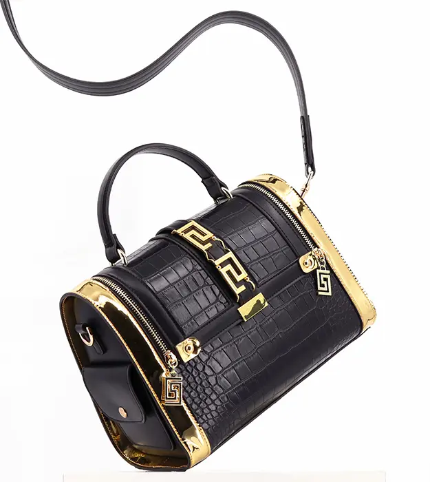 Luksuzna crna torba Crovalé Ébène sa reljefnim croco uzorkom i zlatnim detaljima