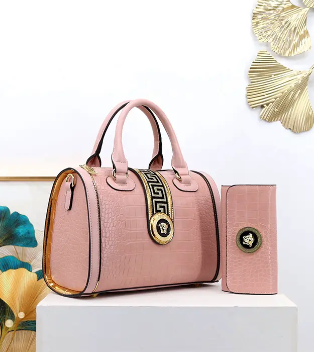 Elanora Rosé Lux – ženska elegantna torba od PU kože sa krokodilskom teksturom i zlatnim detaljima, set torba i novčanik