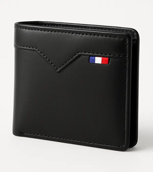 Muški crni eko kožni novčanik sa diskretnim francuskim detaljem u plavo-belo-crvenoj boji