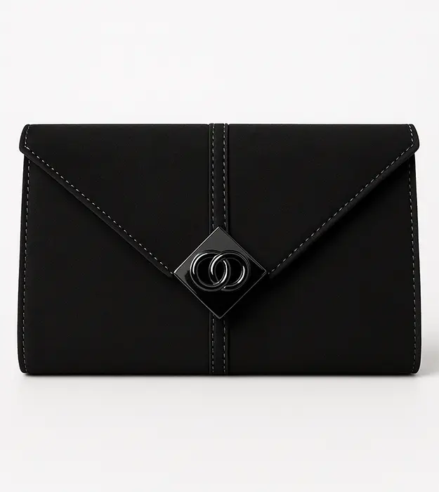 Elegantna crna ženska večernja torba sa metalnim detaljem i geometrijskom kopčom