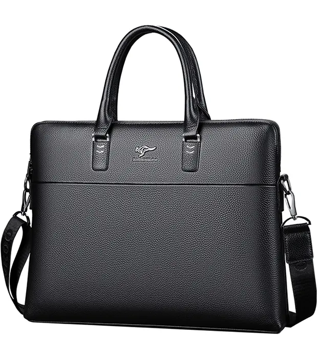 Crna muška poslovna torba Vellano od prave kože sa metalnim detaljima i ručkama