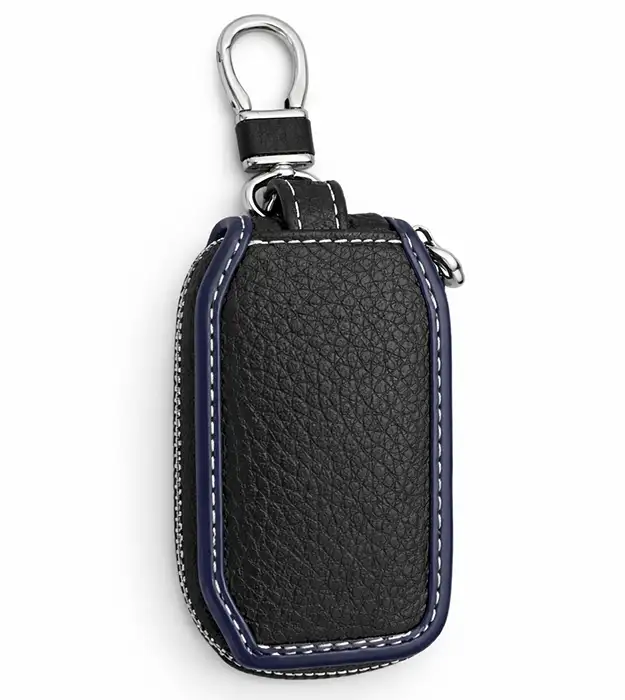 Crno-plava kožna futrola za ključeve sa metalnom karabinom i rajsferšlusom